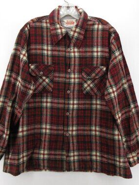 VINTAGE Kentfield Shirt XL Woodsman Wool Flannel Loop Collar Plaid 70s